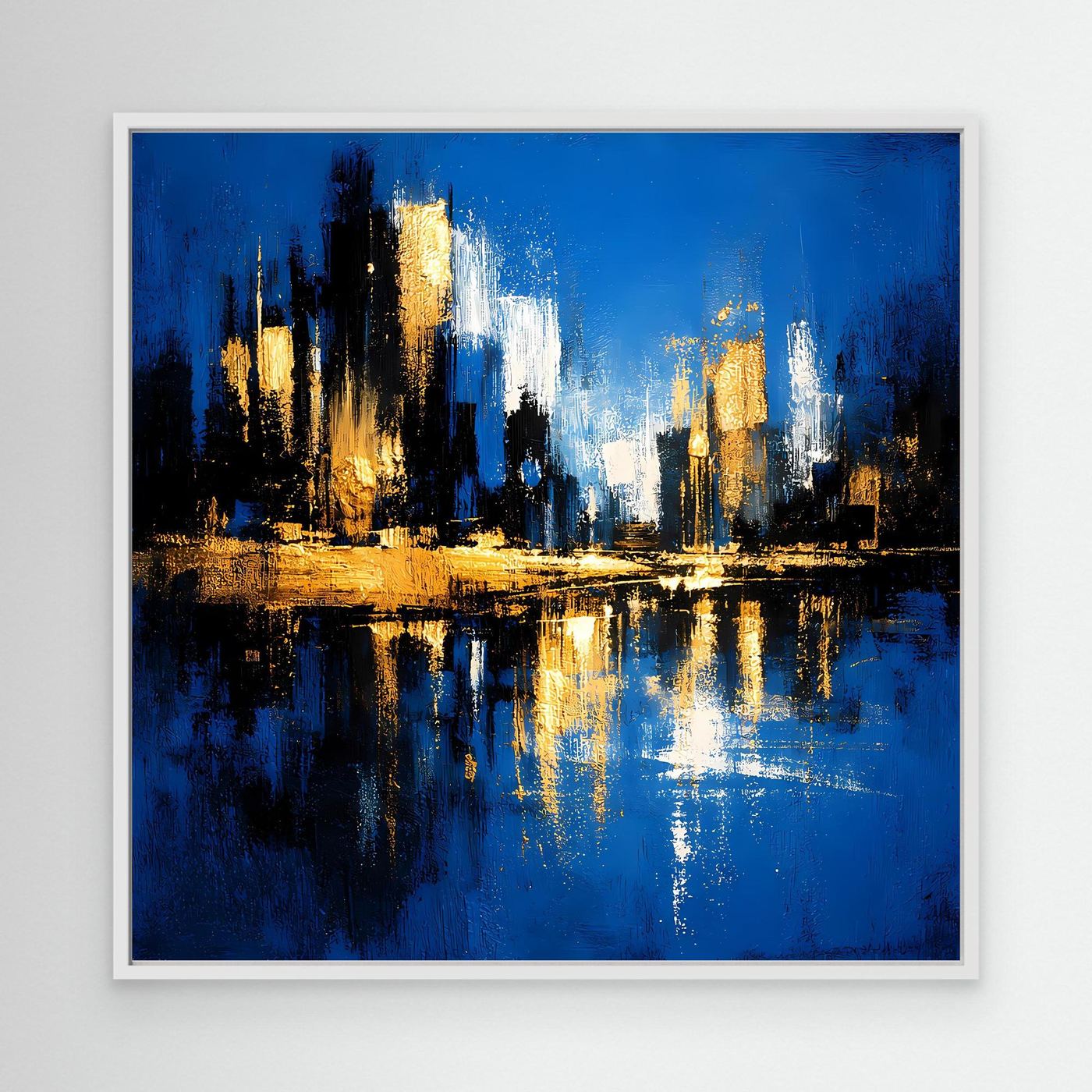 Leinwand Abstrakte Skyline in Blau und Gold | Modernes Großstadt Wandbild mit Spiegelung