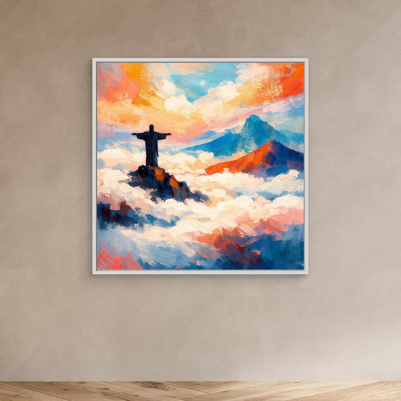 Leinwand-Wandbild mit Kreuzfigur über Wolken und Bergen, blau-bunt, mit weißem Rahmen