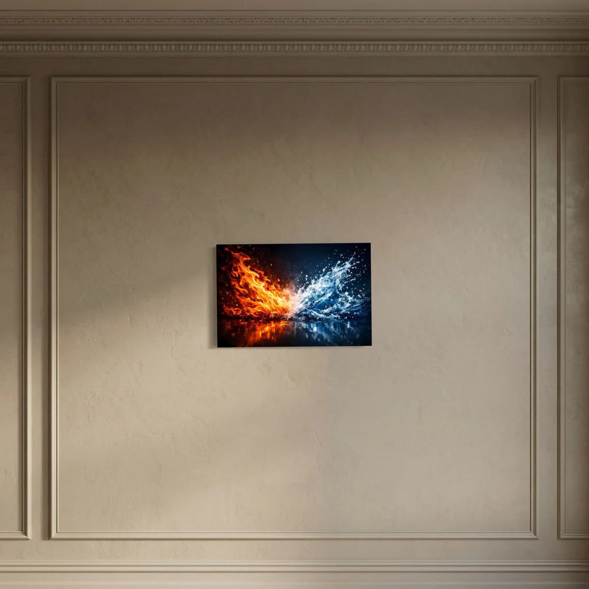 Kunstposter ohne sichtbaren Rahmen mit Flammen- und Wasserwirbeln, Querformat