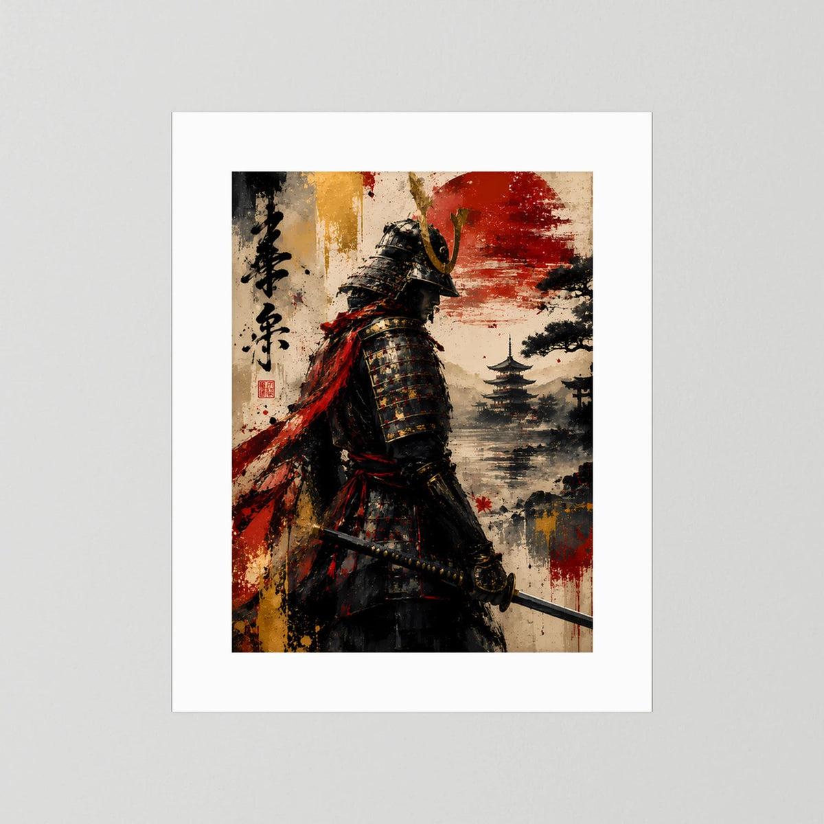 Samurai-Poster mit weißem Passepartout: dunkle Rüstung, roter Umhang, Katana, Landschaft