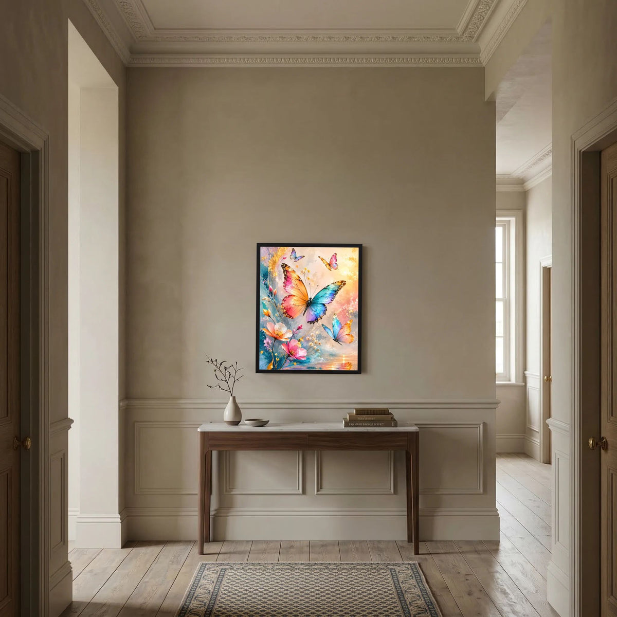 Hochformatiges Wandposter mit Schmetterlingen und Blumen in Pastellfarben, im schwarzen Rahmen