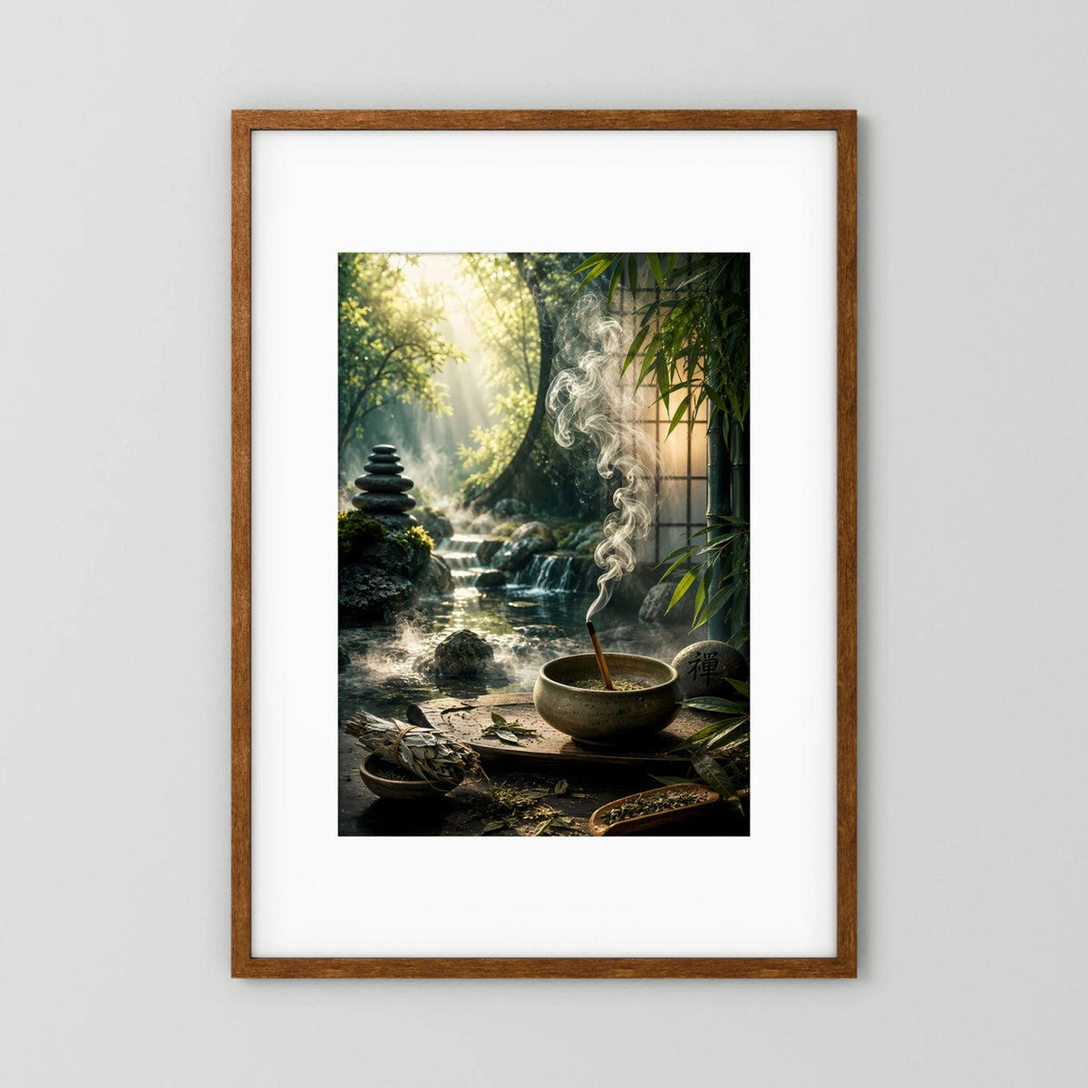 Hochformatiges Poster mit braunem Holzrahmen, Räucherschale und Bambus im Zen-Garten