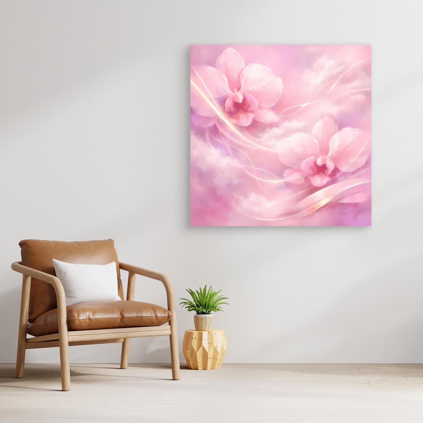 Leinwandbild mit abstrakten rosa Orchideen im Pastellhimmel, ohne Rahmen