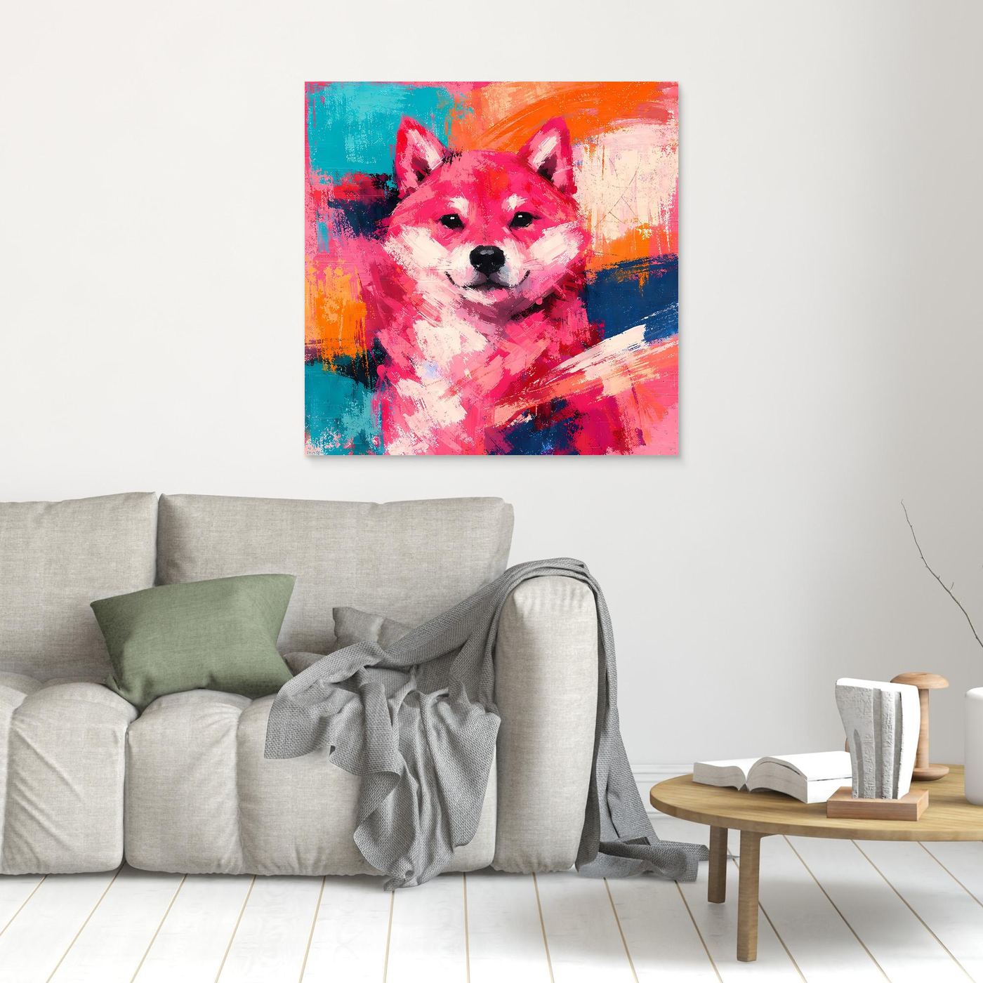 Kleines Shiba-Inu-Wandbild auf Leinwand mit hellem Holzrahmen