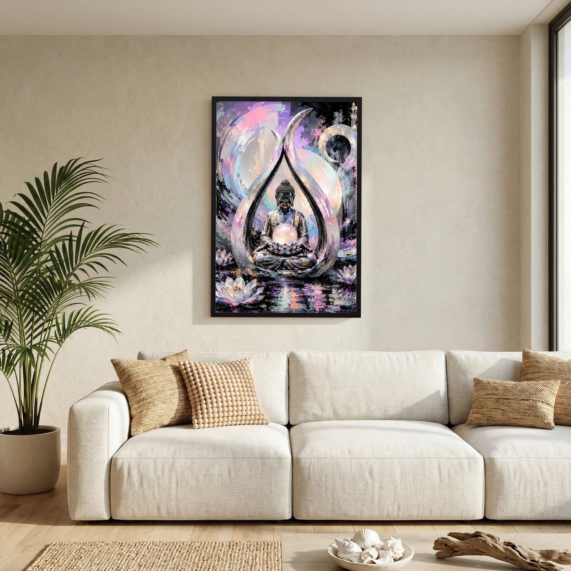 Gerahmtes Kunstposter mit meditierendem Buddha im Lotus, Pastell- und Perlmuttfarben, schwarzer Rahmen