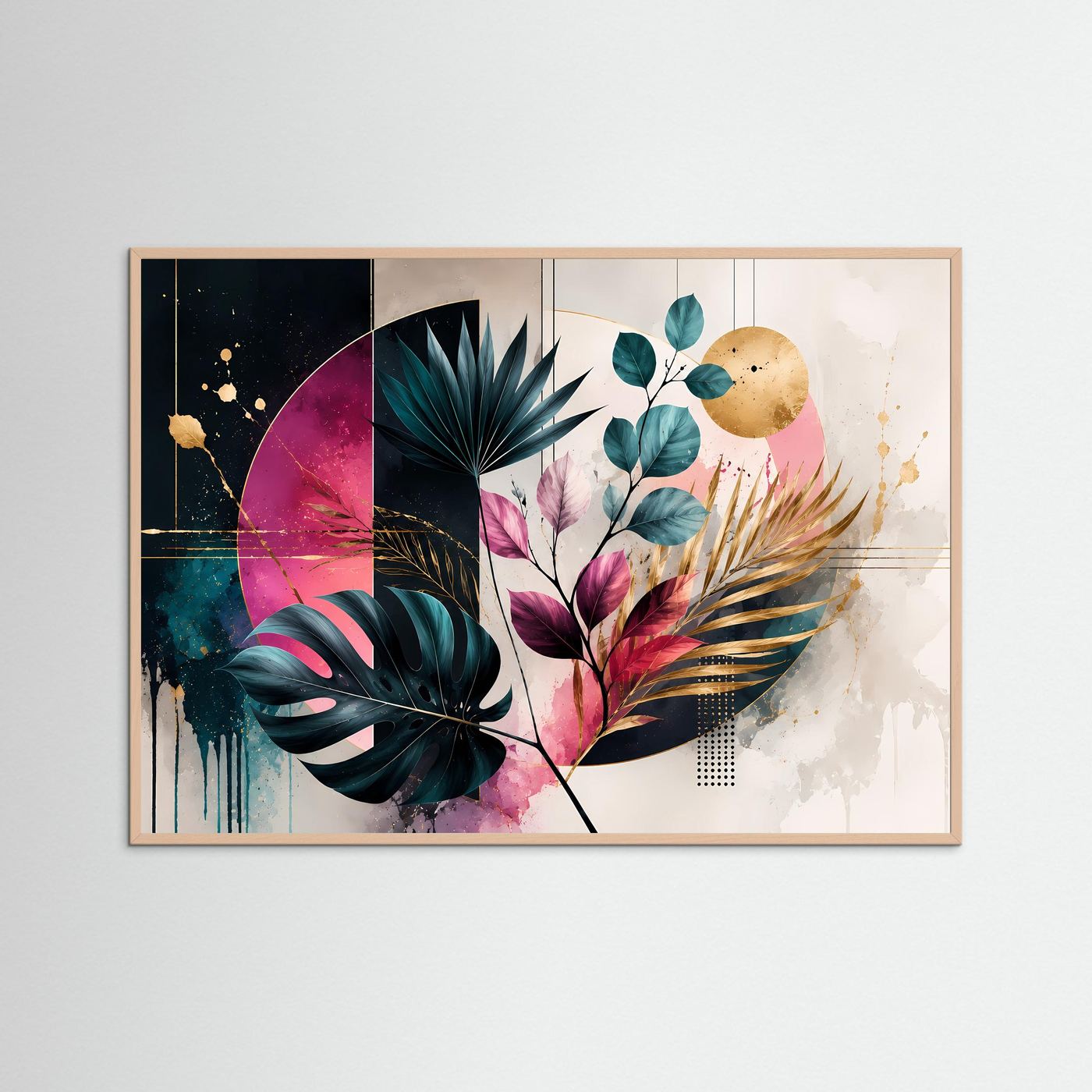 Abstrakte Botanik Poster | Moderne Blätter Wandkunst | Geometrische Pflanzen Kunst | Tropical Boho Leinwand | Gold & Pink Design Bild
