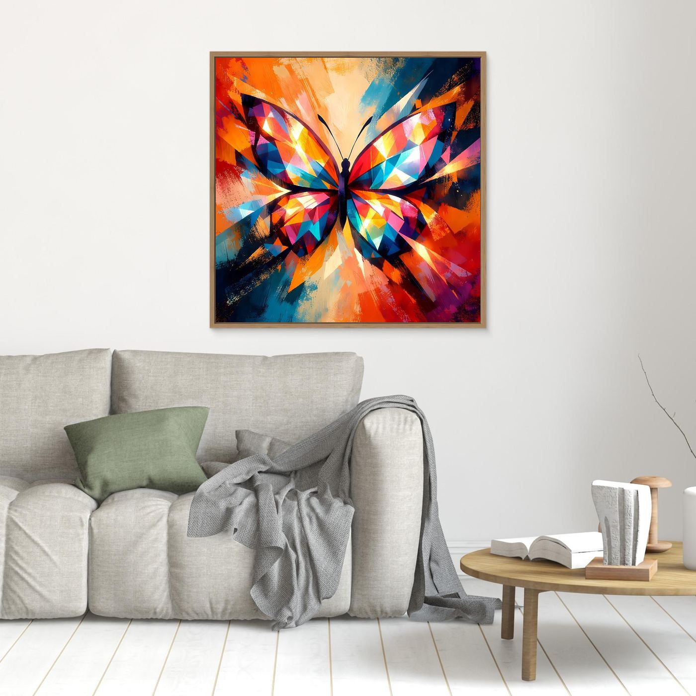 Wandbild mit buntem geometrischem Schmetterling, brauner Rahmen
