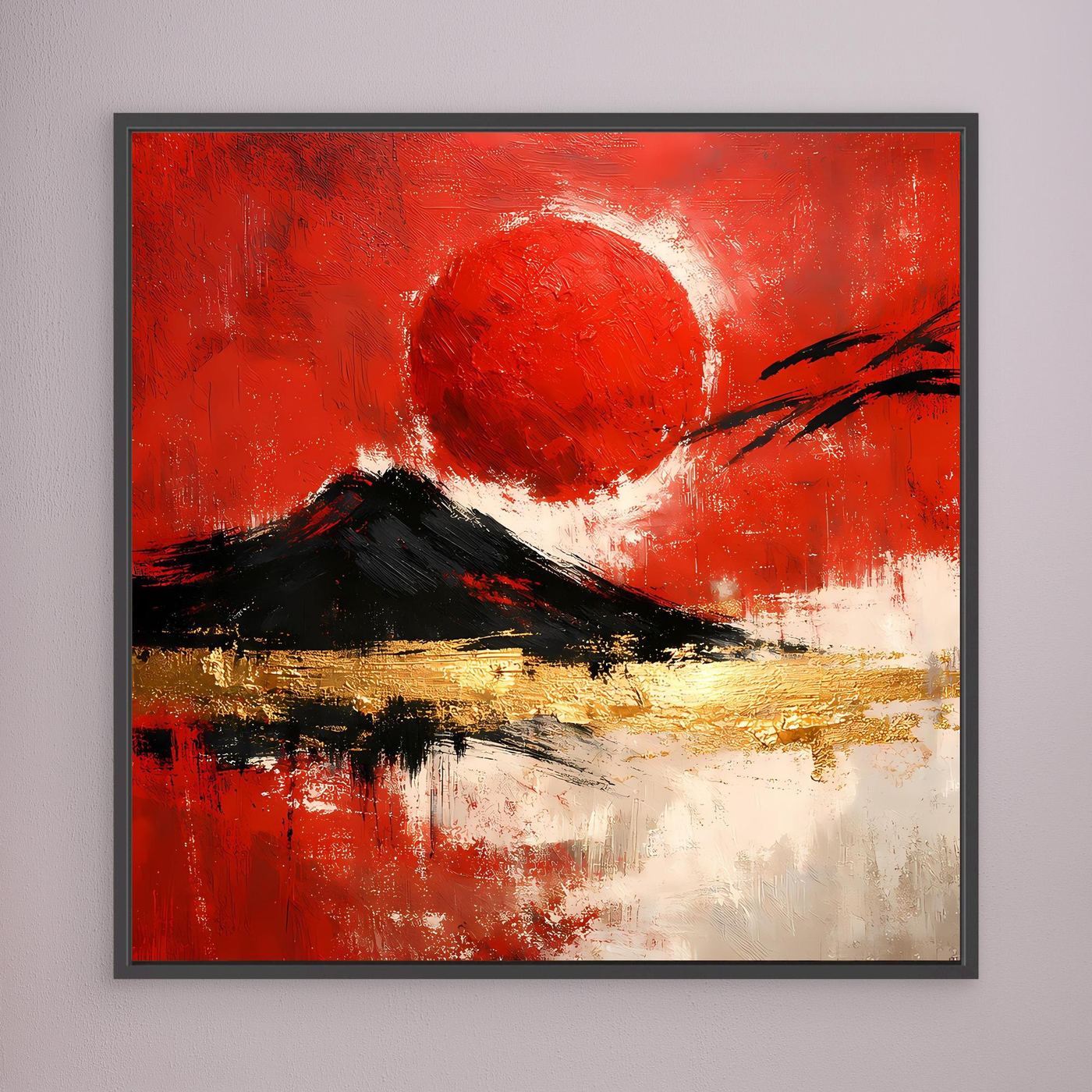 Leinwand Abstraktes Japan Wandbild in Rot und Gold | Modernes Fuji & Rote Sonne Gemälde