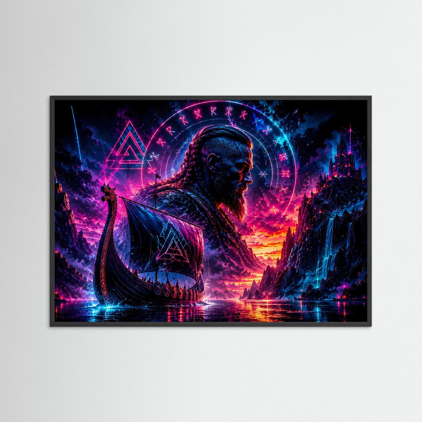 Wikinger im Neonlicht | Mystische nordische Wandkunst mit Runen