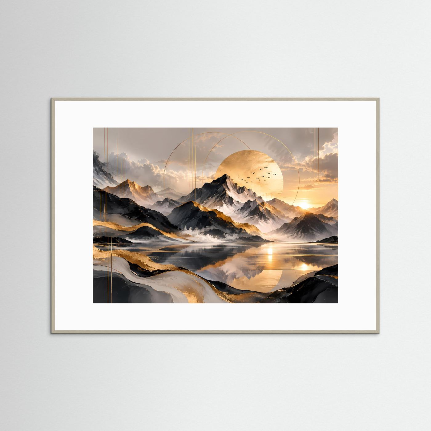Abstrakte Berglandschaft Poster | Goldene Berge mit See | Moderne Landschaft Kunst | Panorama Wandbild | Elegante Leinwand mit Goldakzenten