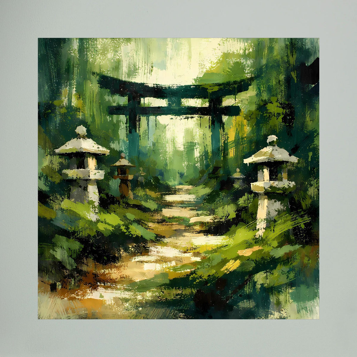 Leinwandbild: Torii-Tor und Pfad, von Grünflächen umgeben, mit zwei Steinlaternen
