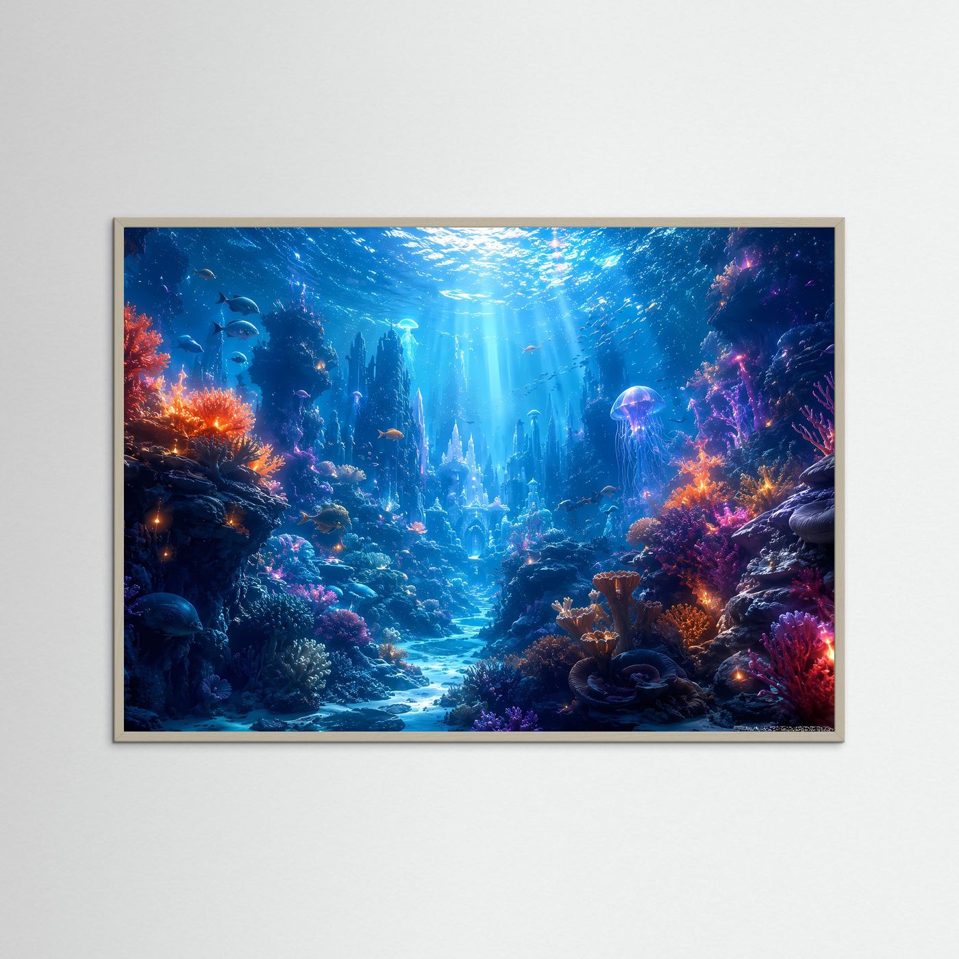 Magische Unterwasserwelt im Korallenriff | Modernes Ozean & Meeresleuchten Poster im Querformat