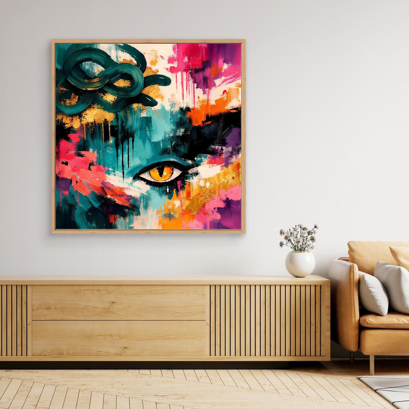 Abstraktes Medusa-Auge Wandbild auf Leinwand mit hellem Holzrahmen