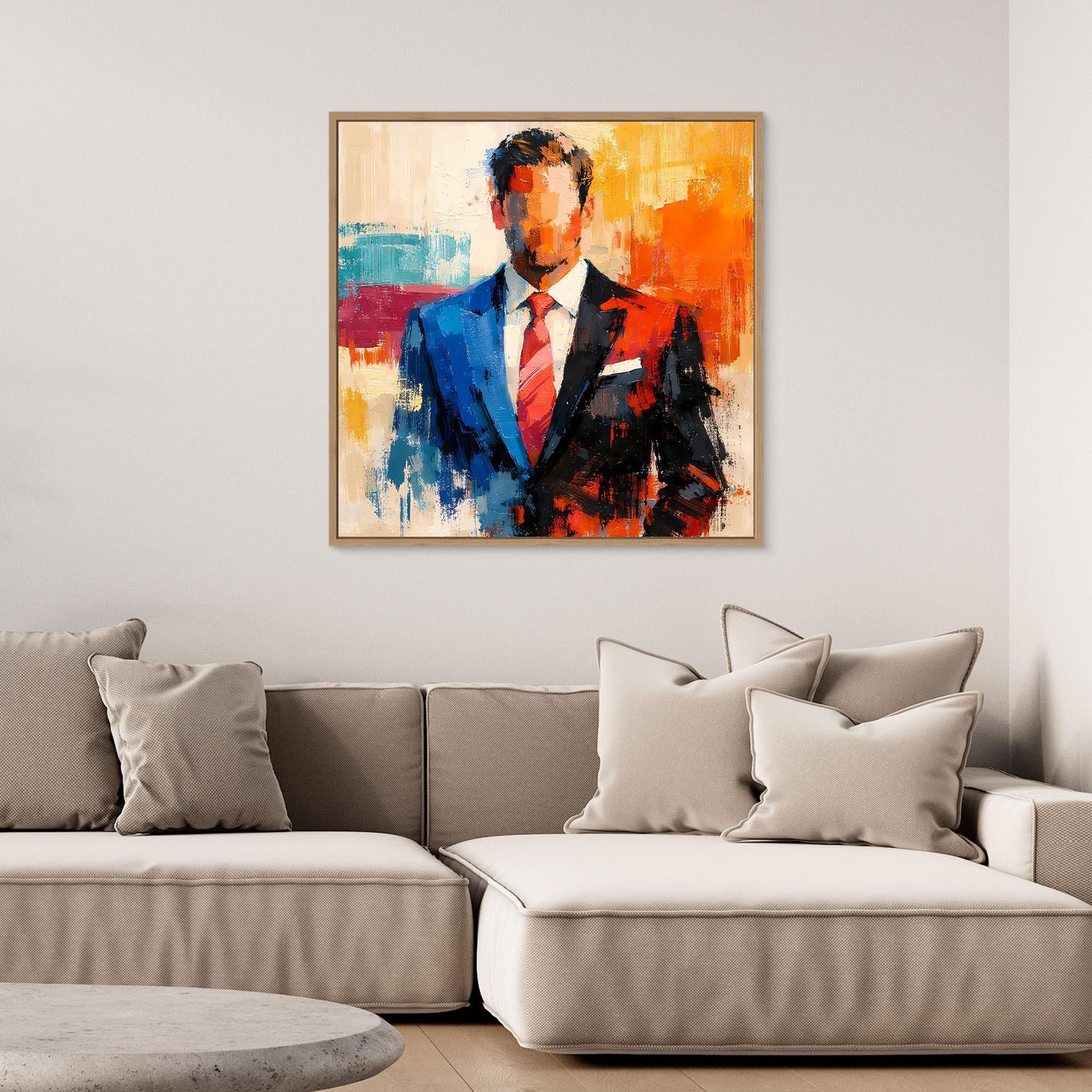 Abstract business portrait wall art in a gold frame; blue suit, orange highlights, red tie.