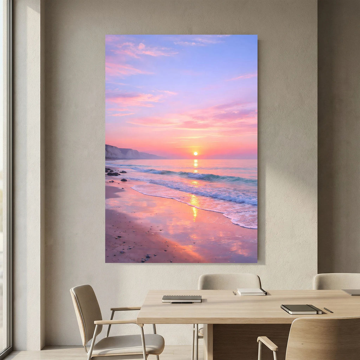 Hochformatiges Wandbild mit Blick auf das Meer bei Sonnenaufgang und rosafarbenem Himmel