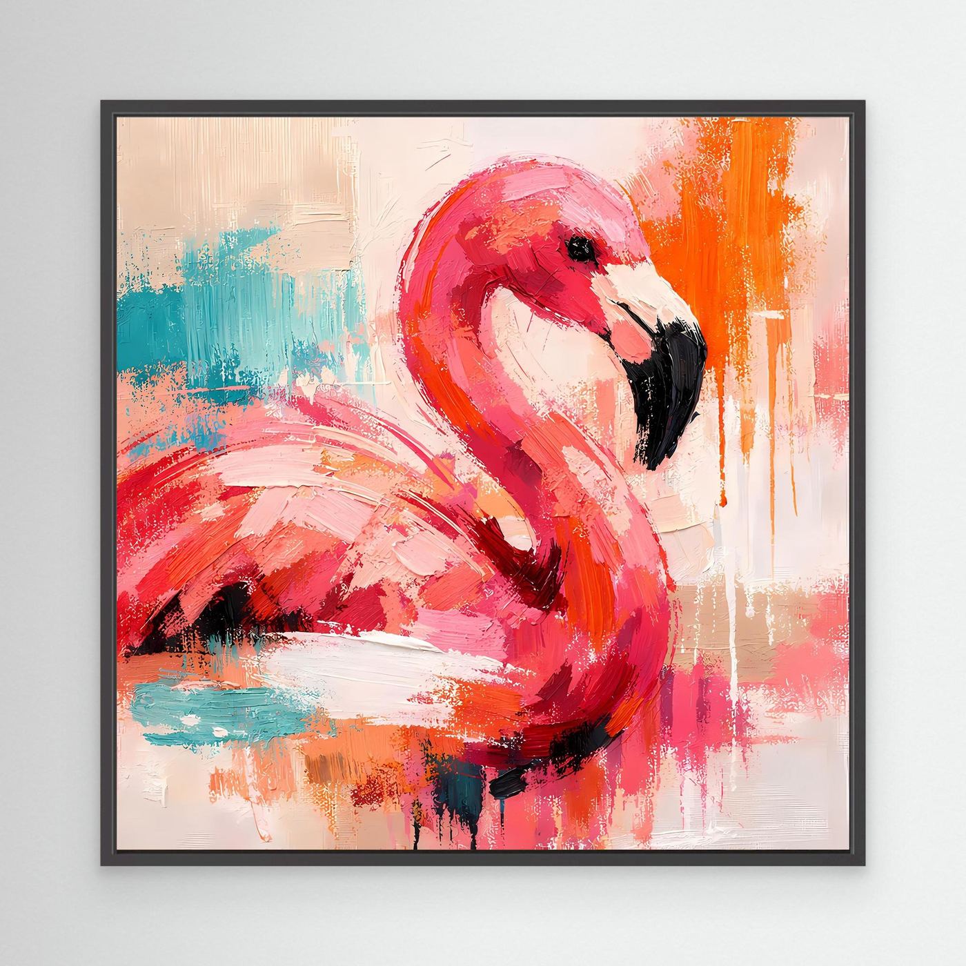 Leinwand-Wandbild mit abstraktem Flamingo in Pink und Blau, schwarzer Rahmen.