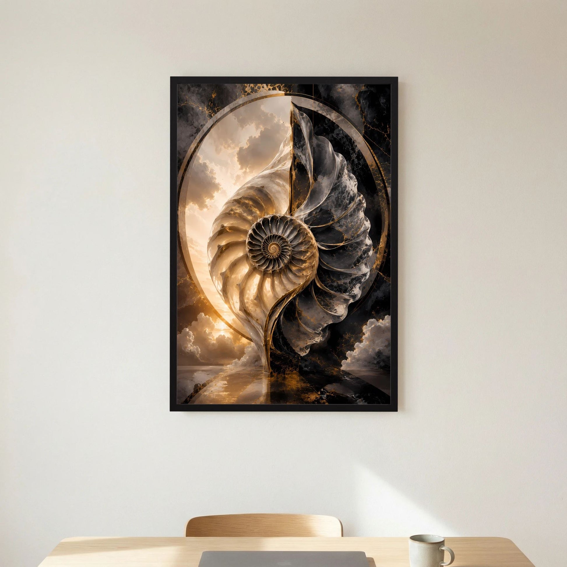 Kunstposter mit Muschelmotiv in Schwarz, Weiß und Gold, gerahmt in dunklem Rahmen