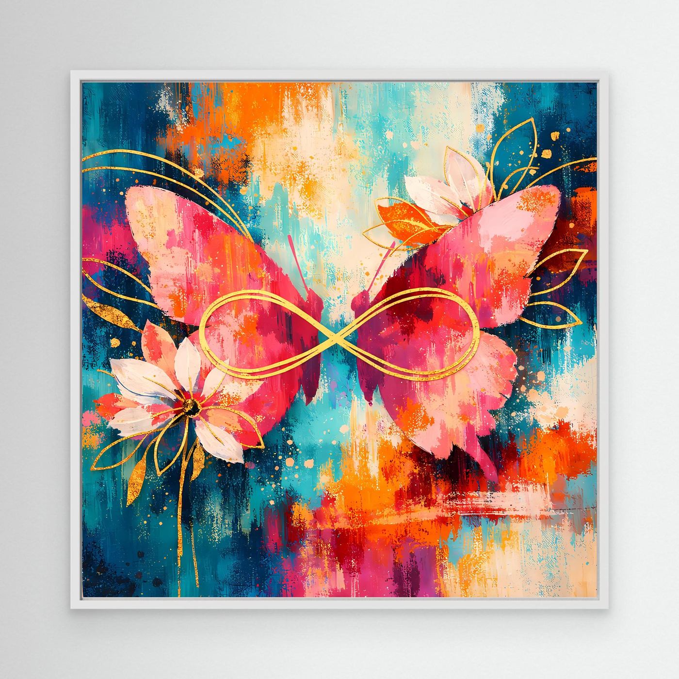 Wandbild mit weißem Rahmen: abstrakte Schmetterlinge und Blüten, Unendlichkeitslinie in Rosa