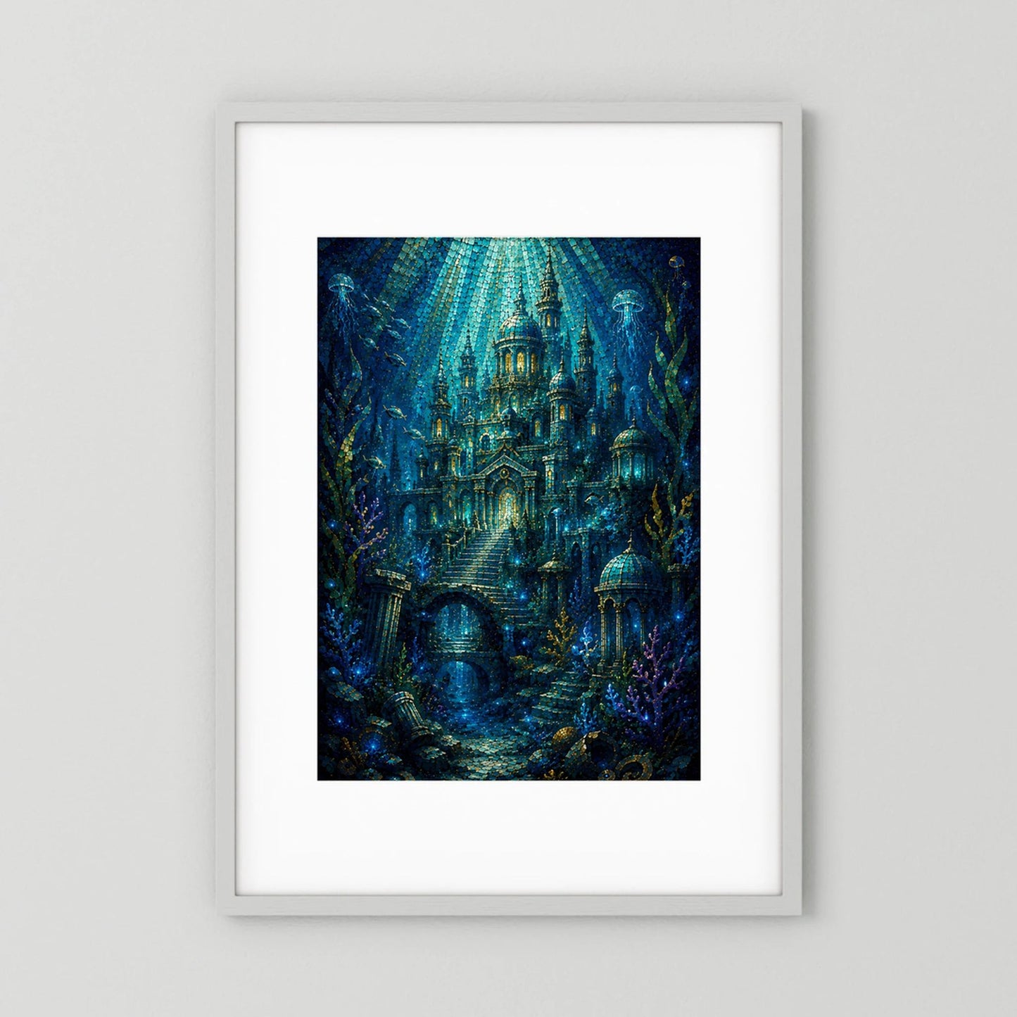 Ge­rahmtes Poster mit mystischer Unterwasserstadt in Blau und Gold, hochformatig.