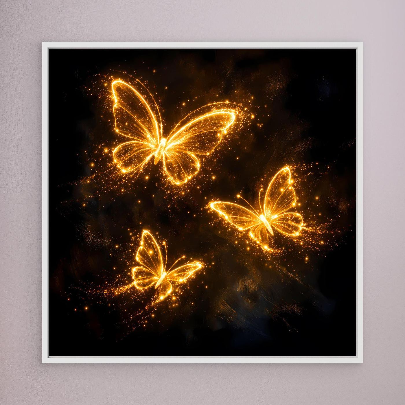 Premium Leinwand Leuchtende Schmetterlinge in Gold | Elegantes Fantasy Wandbild abstrakt