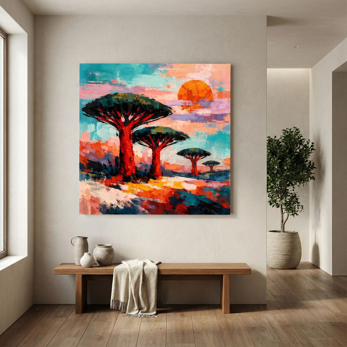 Abstraktes Leinwandbild mit dunklen Savannenbäumen, farbigen Pinselstrichen und orangefarbener Sonne