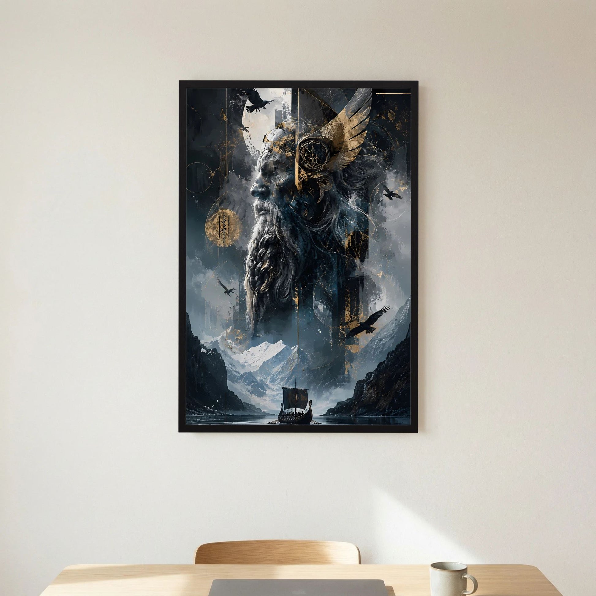 Hochformatiges Poster: Wikingerkrieger mit Raben und goldenen Symbolen, in schwarzem Rahmen.