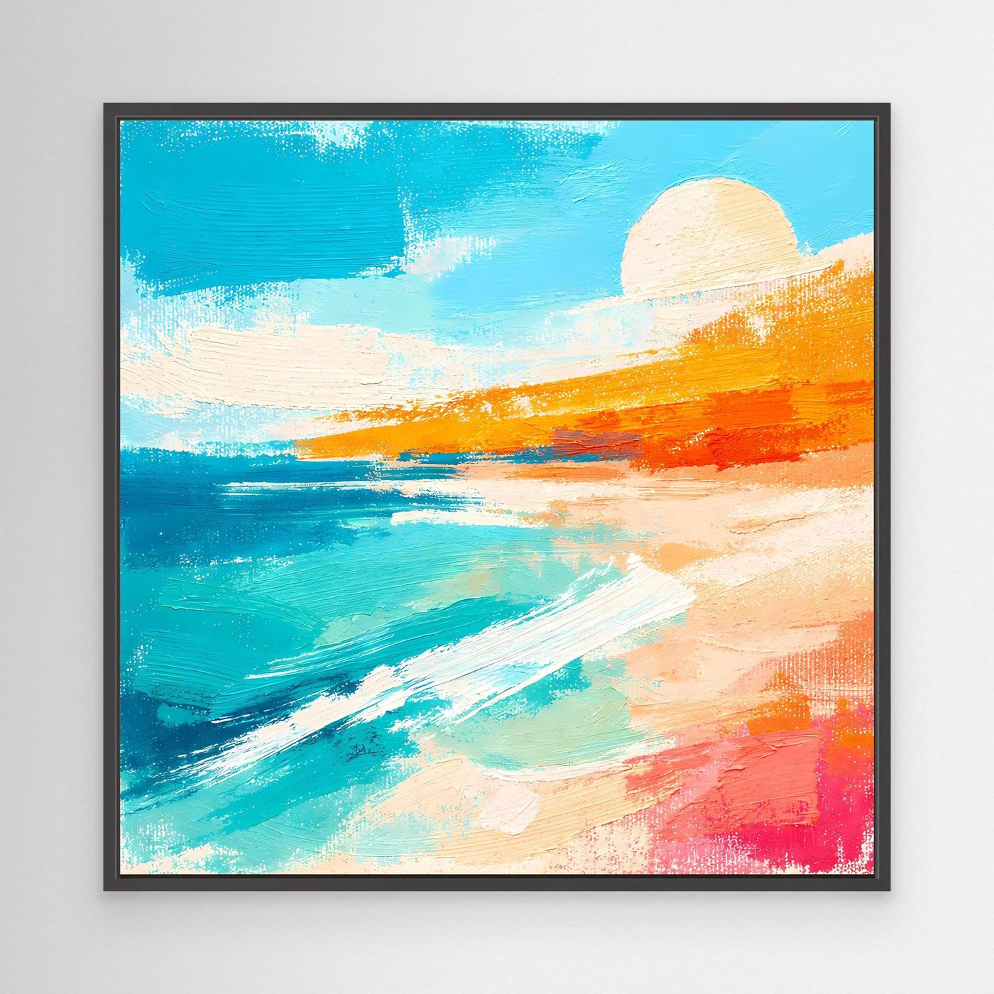 Abstract coastal canvas wall art with blue ocean, sandy shore, and orange sunset in black frame.