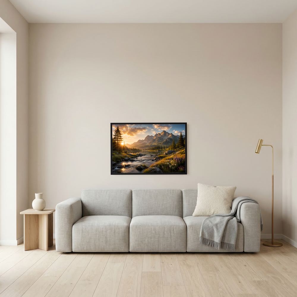 Alpenlandschafts-Poster mit Bergsee und Sonnenuntergang, schwarzer Rahmen im Querformat