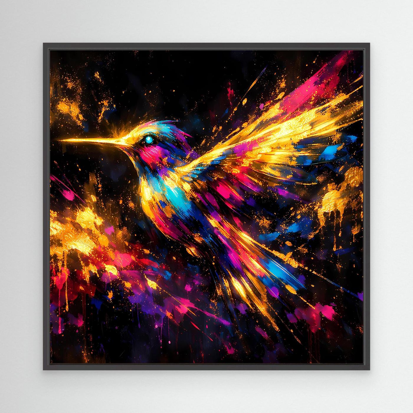 Leinwand Farbenfroher Kolibri im Flug | Abstraktes Modernes Wandbild Bunt