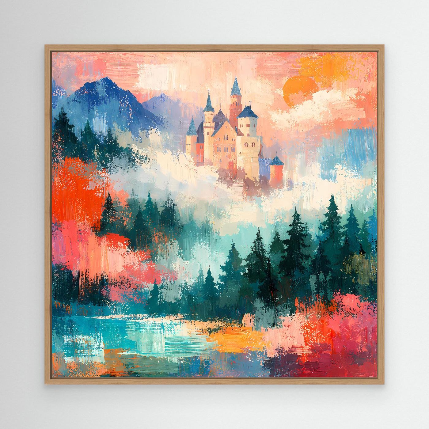 Abstraktes Wandbild mit Schlossmotiv, Bergen, Tannen und See, im Eichenrahmen