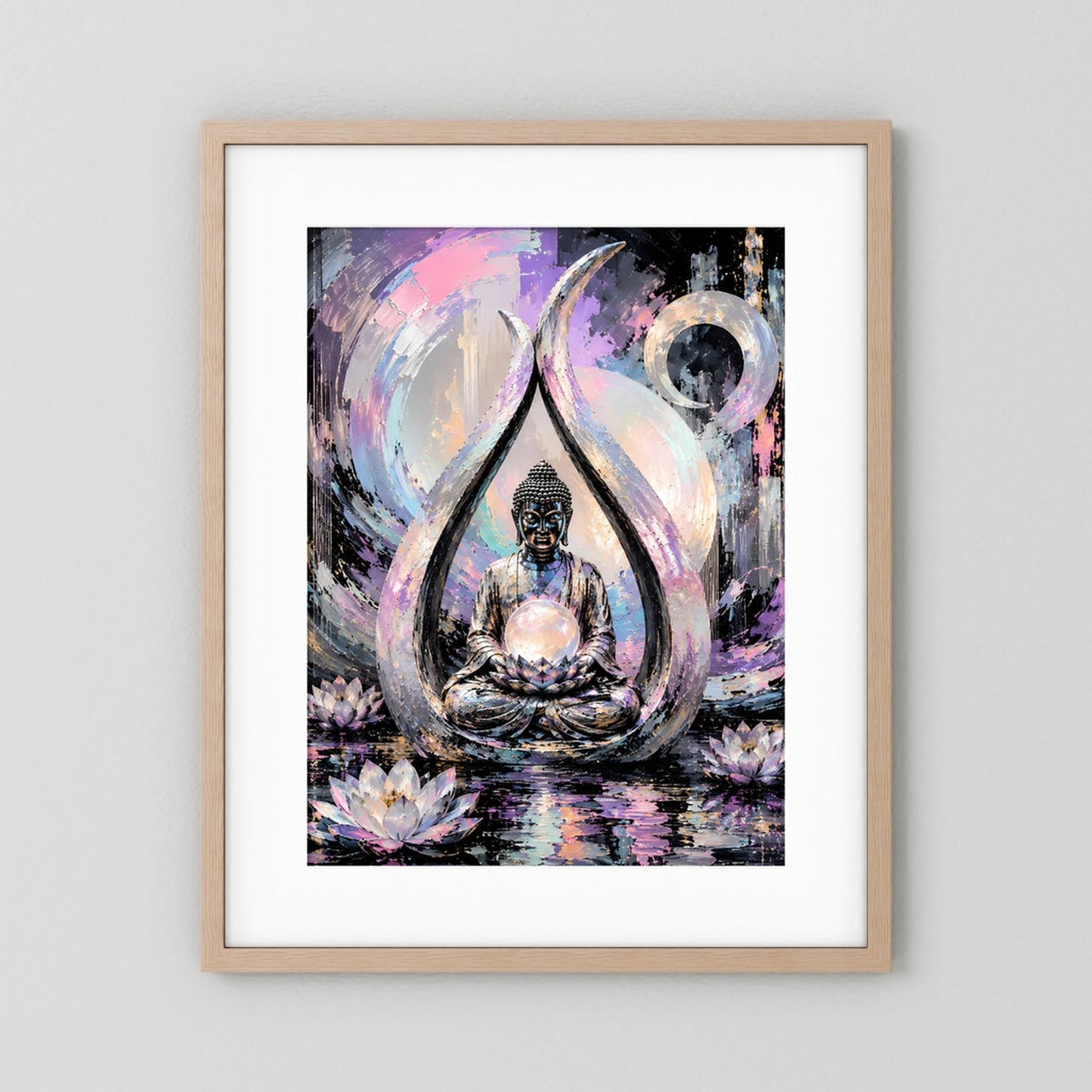 Gerahmtes Kunstposter mit weißem Passepartout: Buddha im Lotus im Kreis, Pastellfarben, helles Holz