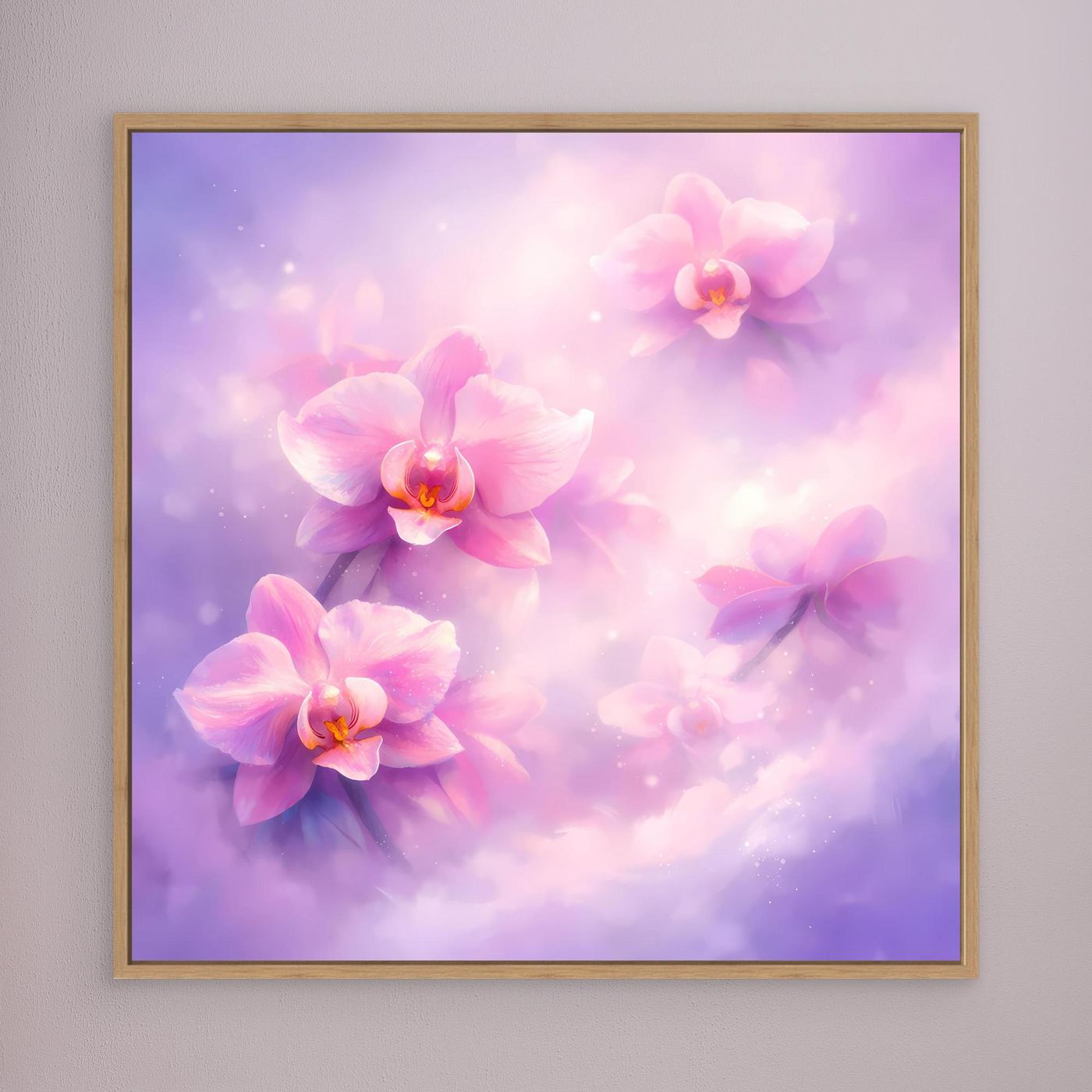 Leinwandbild mit pastellfarbenen Orchideenblüten, brauner Holzrahmen