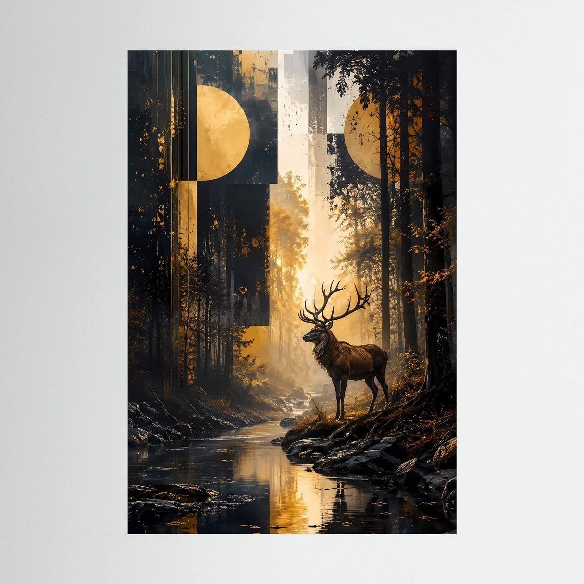 Hirsch-im-Wald-Poster Hochformat mit dunklem Wald und goldenem Mond