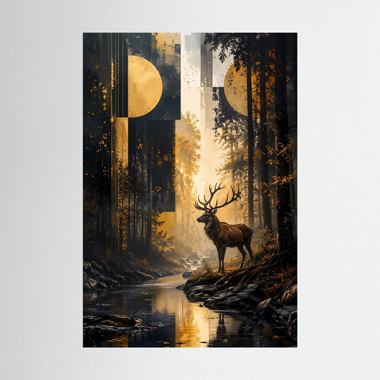 Hirsch-im-Wald-Poster Hochformat mit dunklem Wald und goldenem Mond