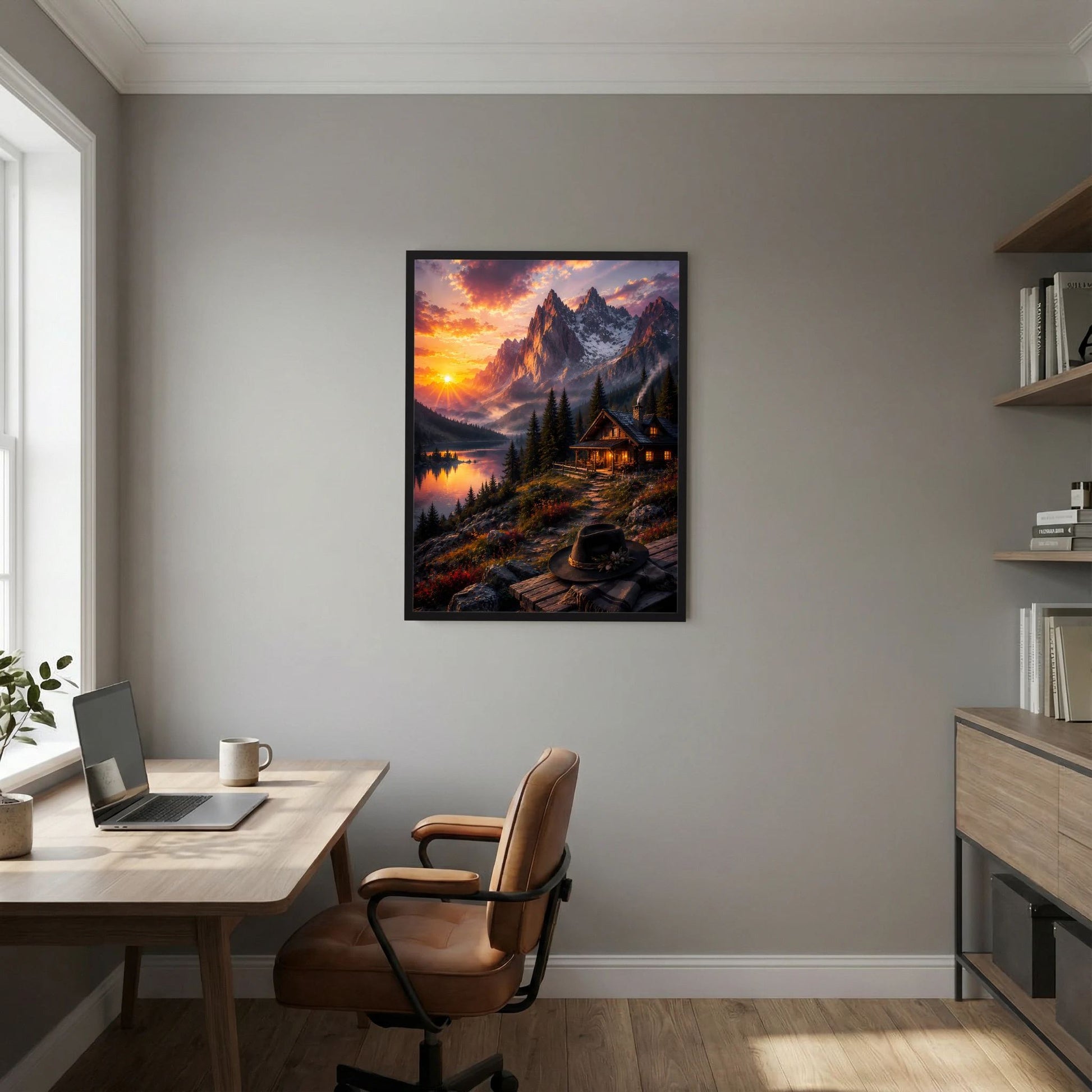 Hochformatiges Poster mit schwarzem Rahmen: Pfad durch Berglandschaft zur Hütte am See