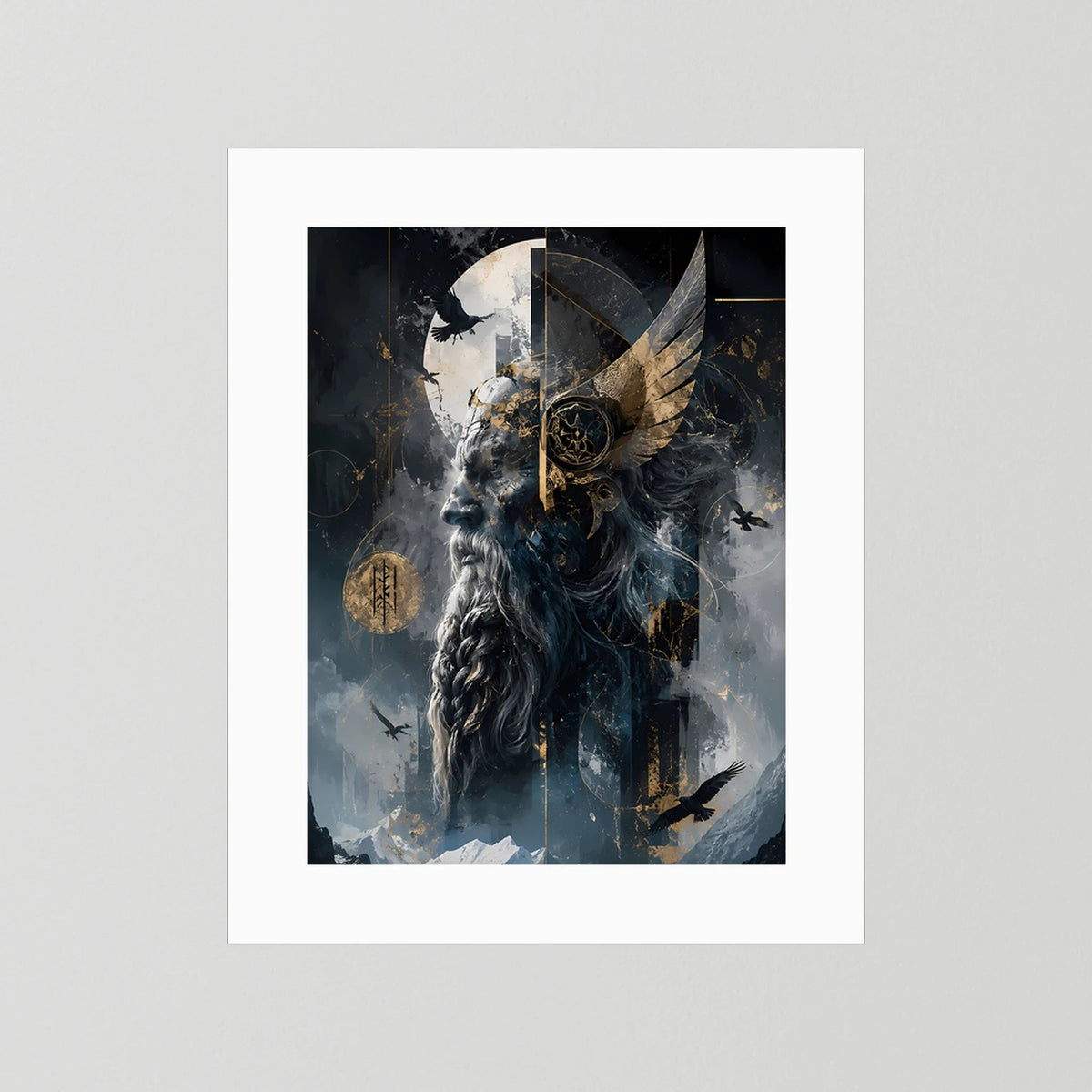 Hochformatiges Poster mit Wikingerkrieger und Rabe, in blau-grauem Fantasy-Look, im weißen Rahmen.