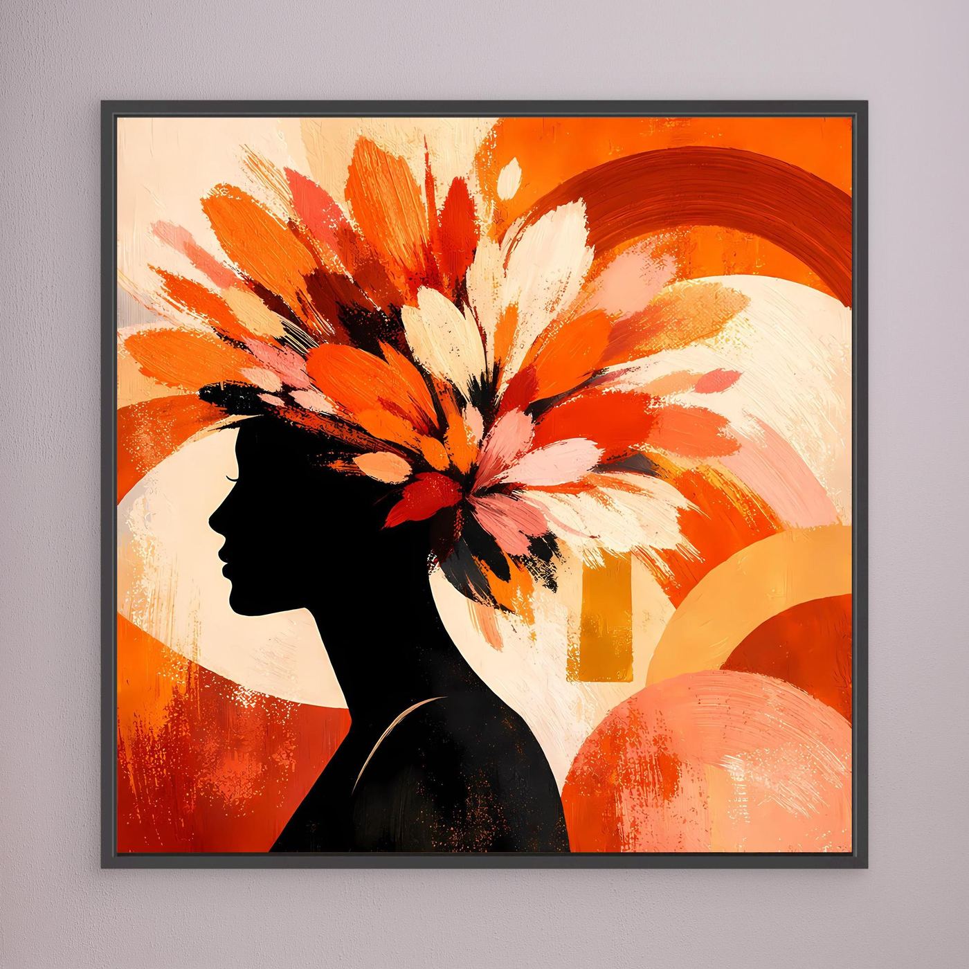 Leinwandbild mit Frauen-Silhouette im Blumenkranz, abstrakt, dunkel gerahmt