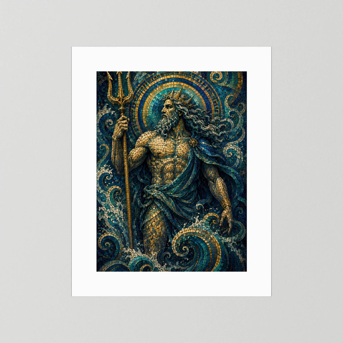 Poster mit weißem Rand: Poseidon im blau-goldenen Mosaikstil