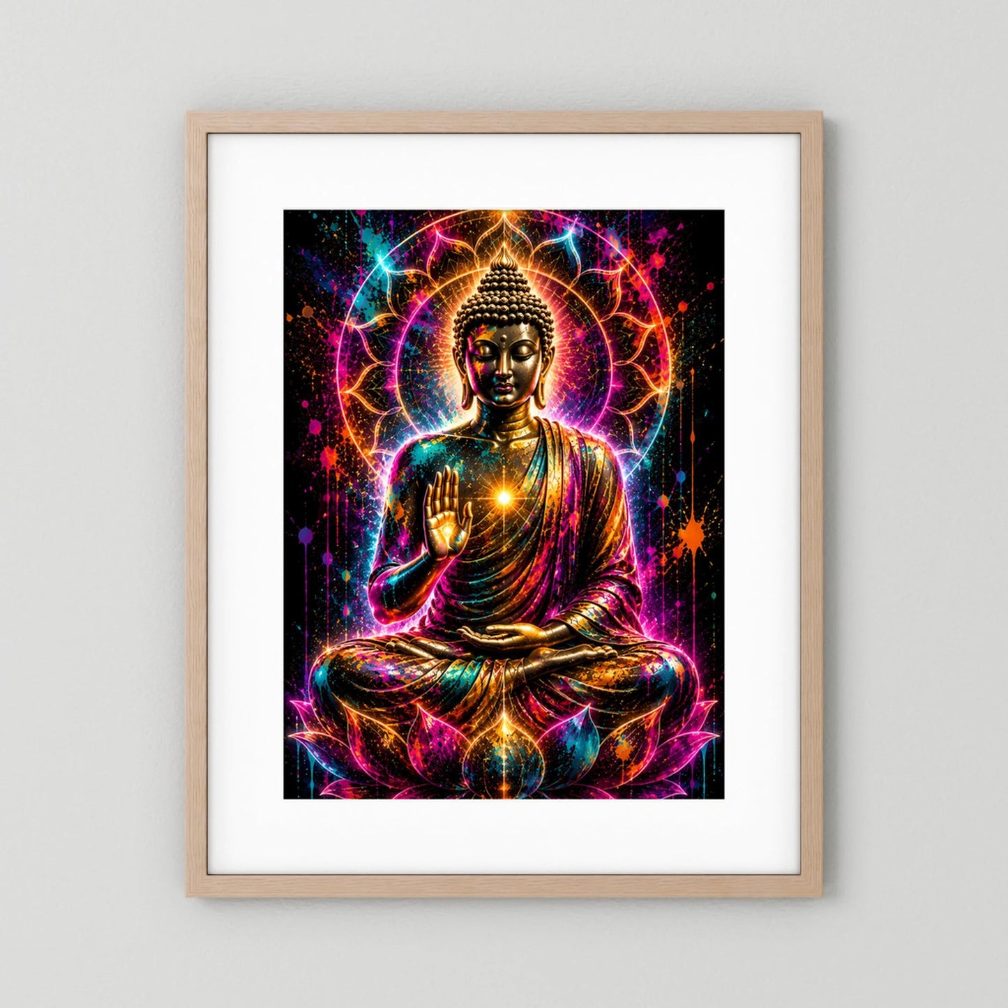 Hochformat-Poster: Meditierender Buddha im Lotussitz, goldene Neonakzente, hellerer Holzrahmen mit Passepartout