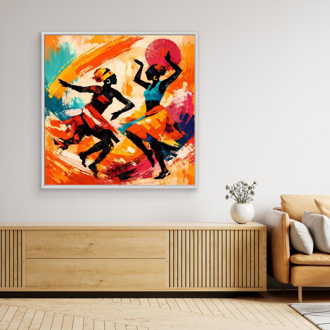 Leinwand Tanzende Afrikanerinnen im Sonnenuntergang | Abstraktes Ethno Pop Art Wandbild