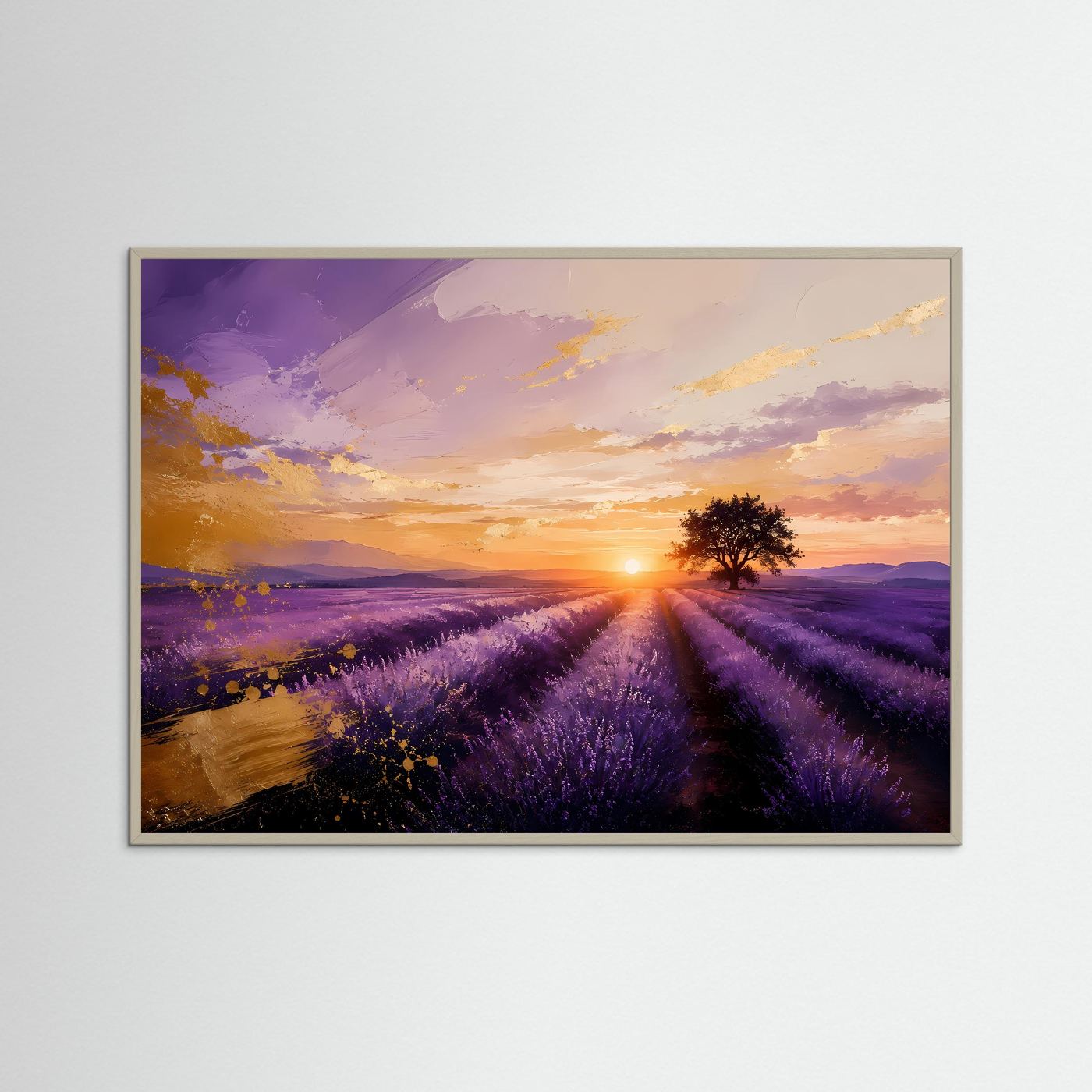 Lavendelfeld-Wandbild mit Sonnenuntergang: lila Felder, graue Umrahmung