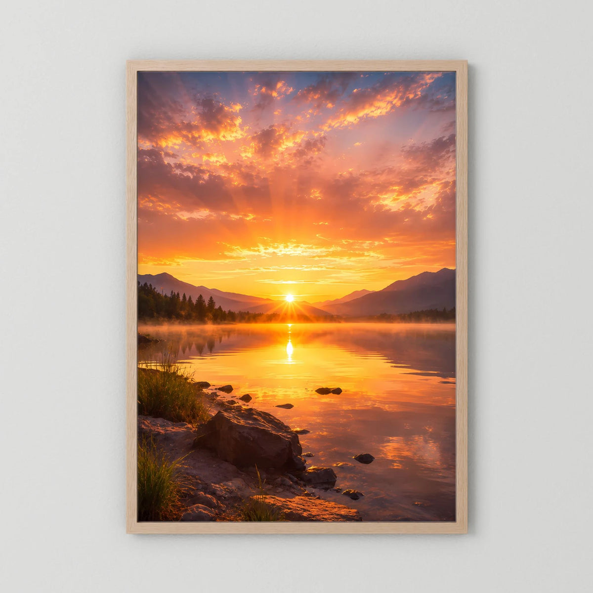 Hochformat-Poster Sonnenuntergang am Bergsee mit hellem Holzrahmen