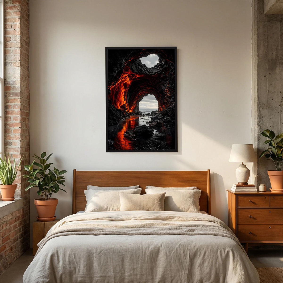 Hochformat-Poster einer Lavahöhle: dunkle Felsen mit orange glühender Gesteinspur