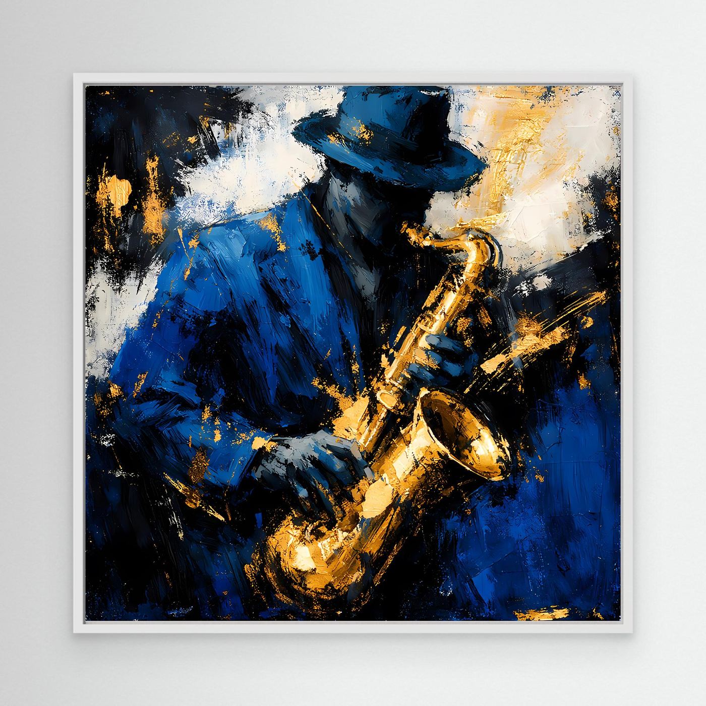 Leinwand Eleganter Jazz-Saxophonist in Blau und Gold | Abstraktes Musik Wandbild