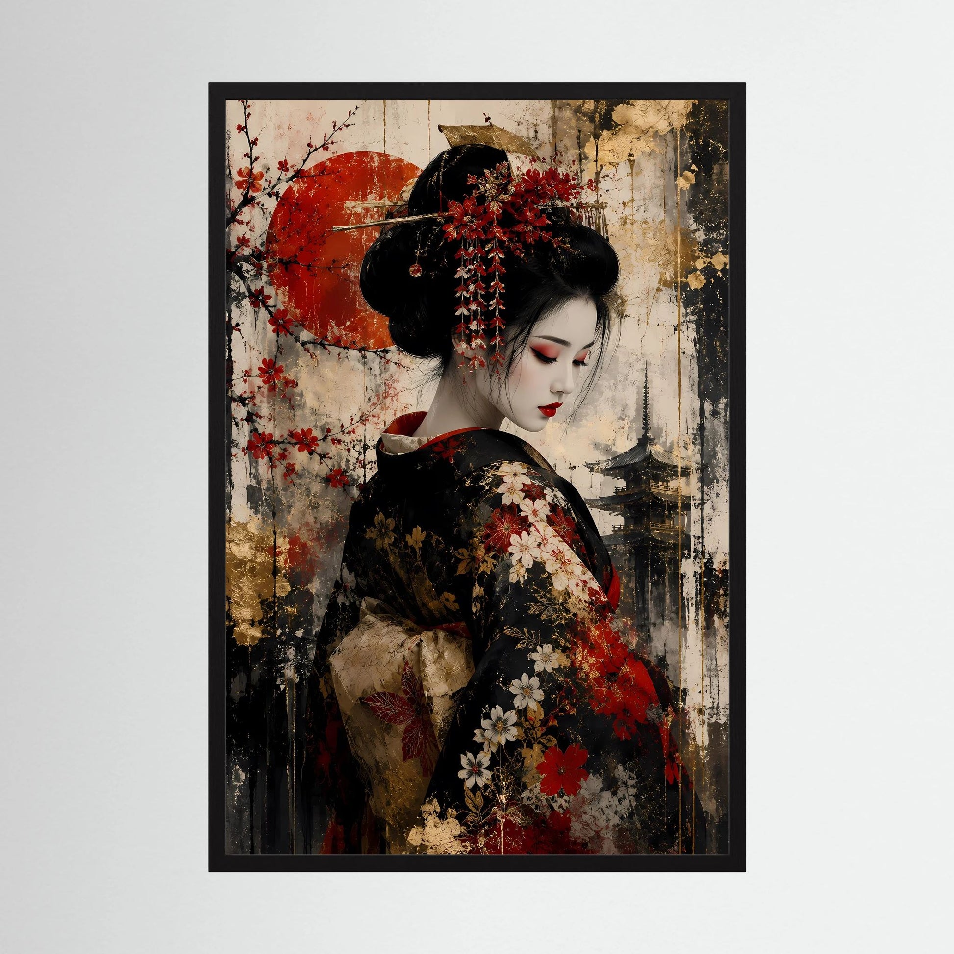 Poster mit schwarzem Rahmen: Frau im schwarzen Kimono mit Blüten, roter Kreis.
