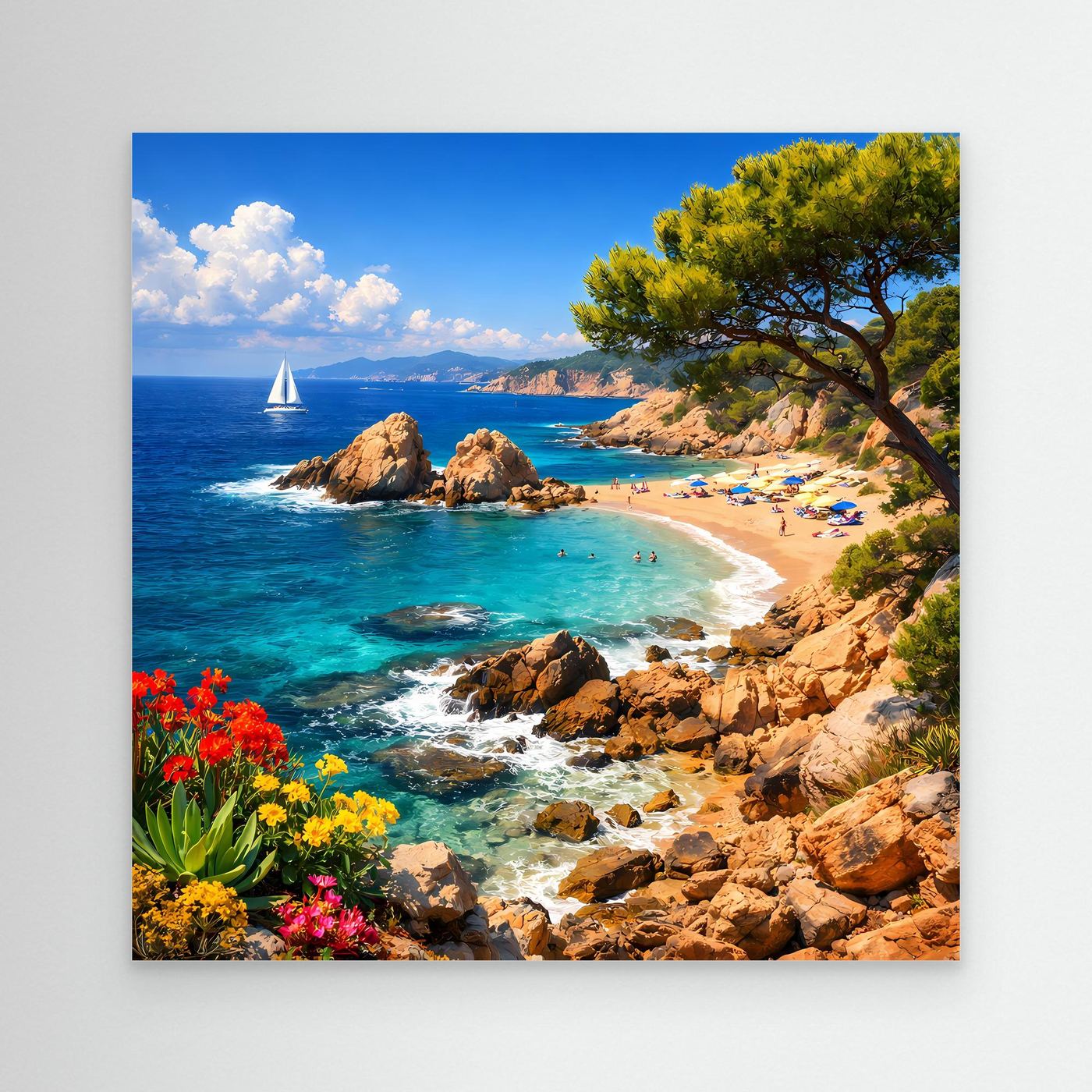 Leinwand-Wandbild mit mediterraner Küstenlandschaft, türkisfarbenes Meer und Sandstrand