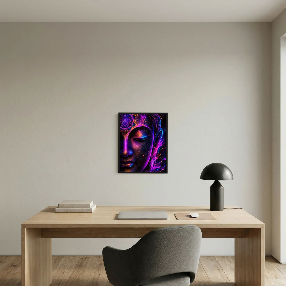 Neon-Buddha-Poster im schwarzen Rahmen an beiger Wand mit leuchtenden Farbübergängen.