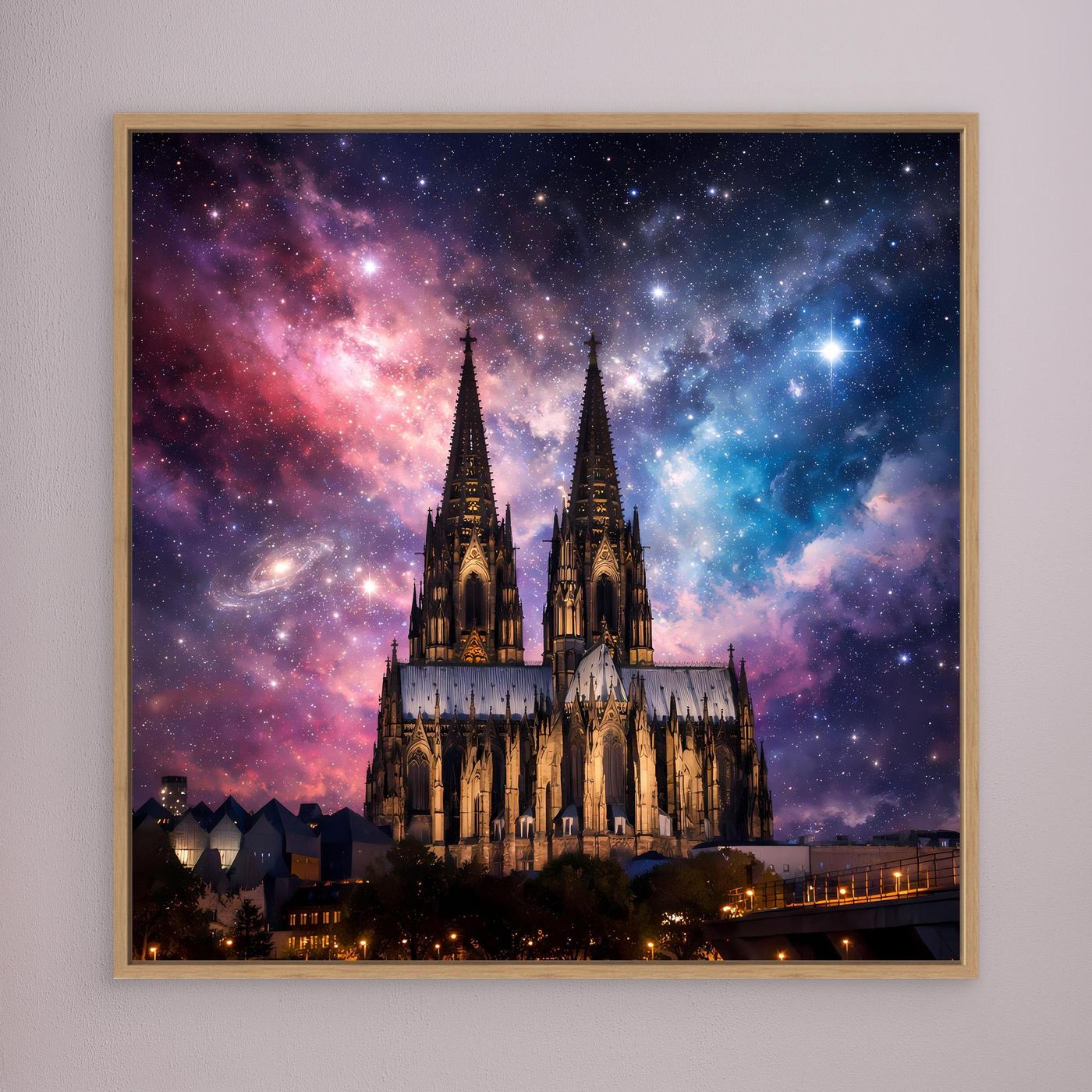 Leinwand Kosmischer Kölner Dom bei Nacht | Abstraktes Galaxie Wandbild
