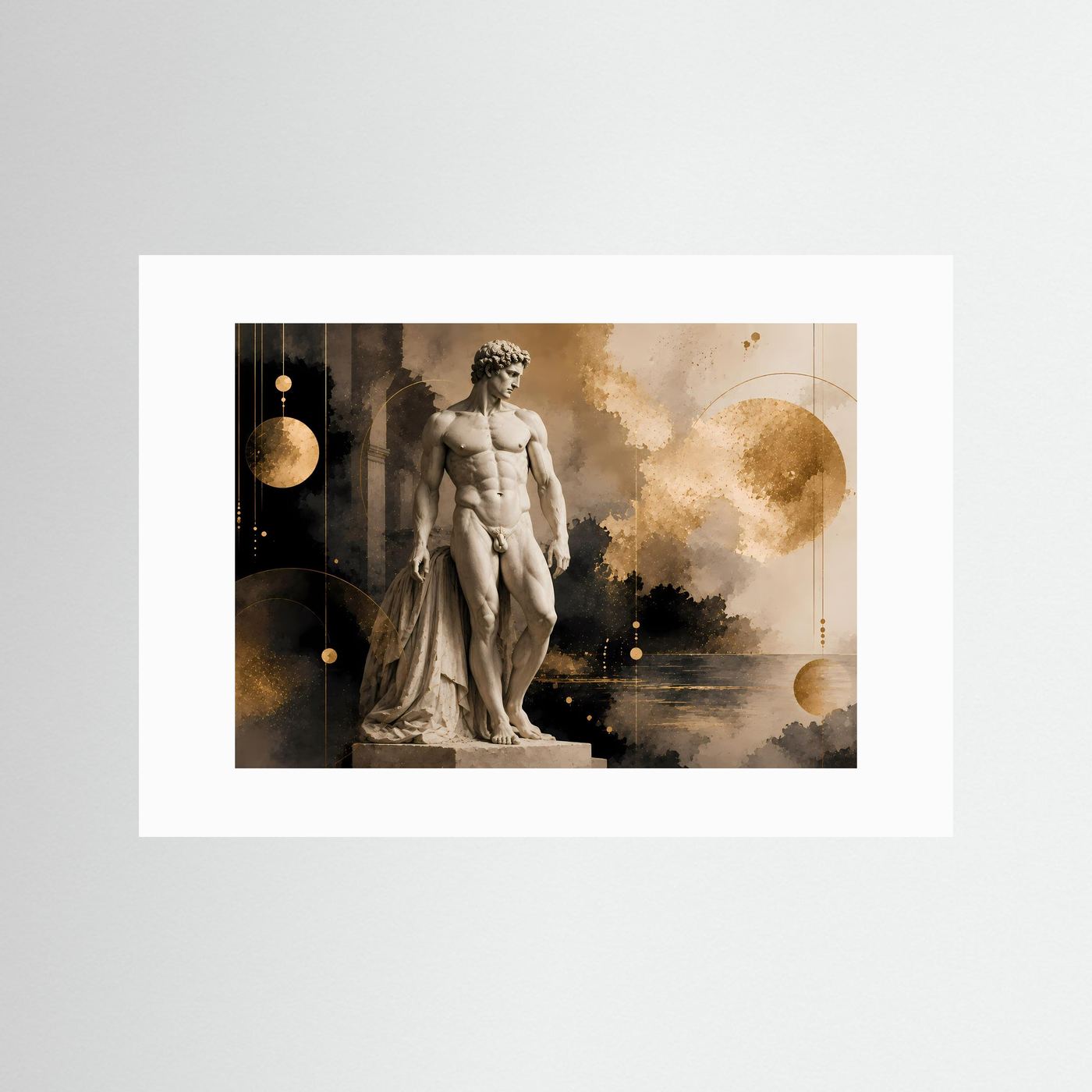 Poster mit antiker Männerstatue, weißer Rand, Gold- und Brauntöne, Querformat