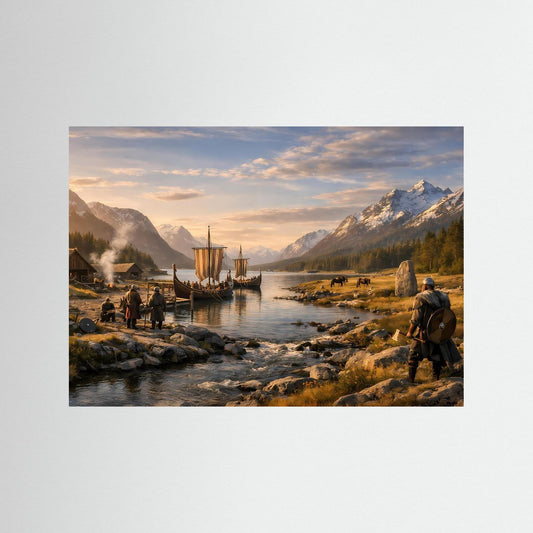 Unrahmtes Querformat-Poster mit Motiv Wikingersiedlung am Fjord und Bergen